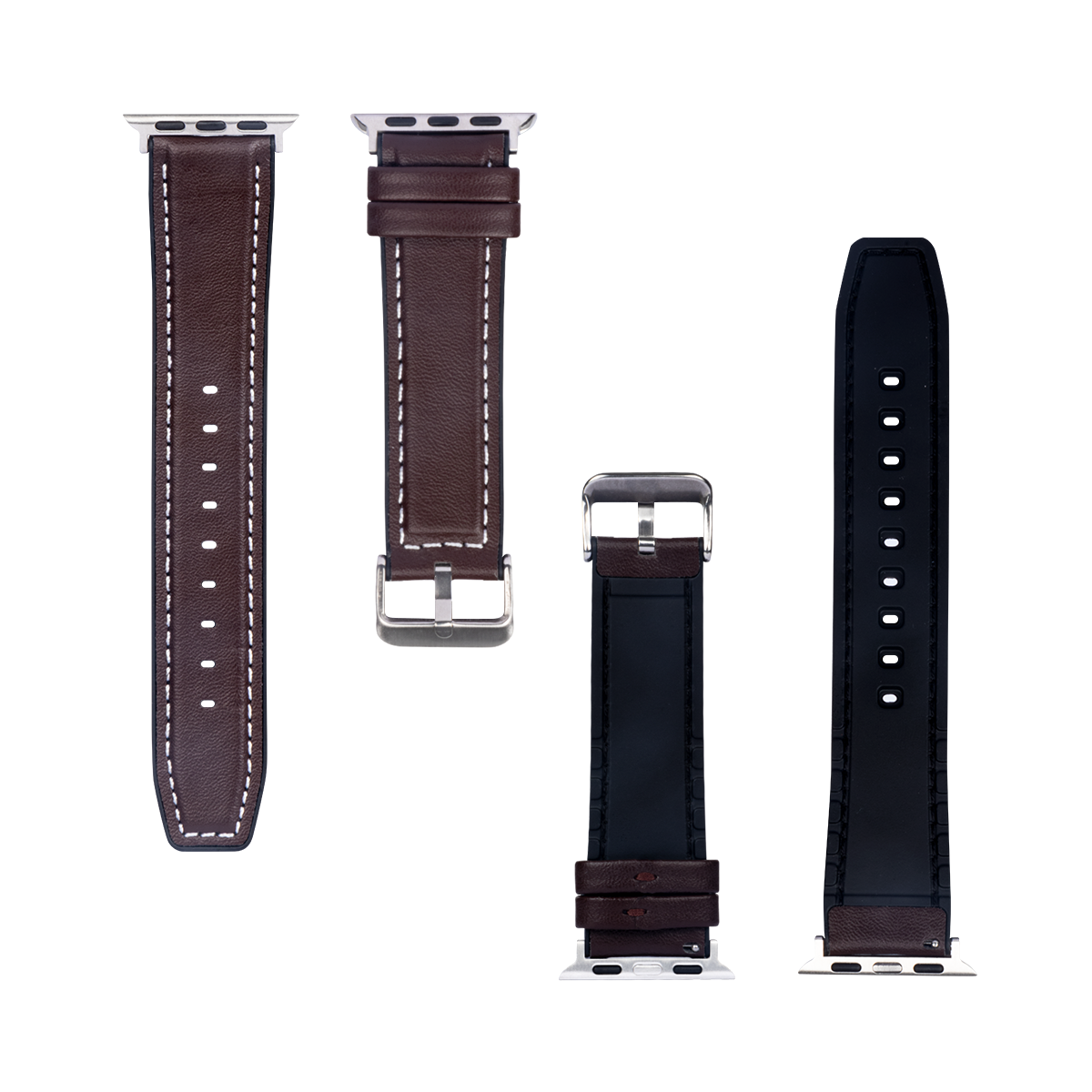 Bracelet en silicone et cuir brillant For Apple 42 mm, 44 mm, 45 mm, 49 mm, marron foncé, boîte de vente au détail
