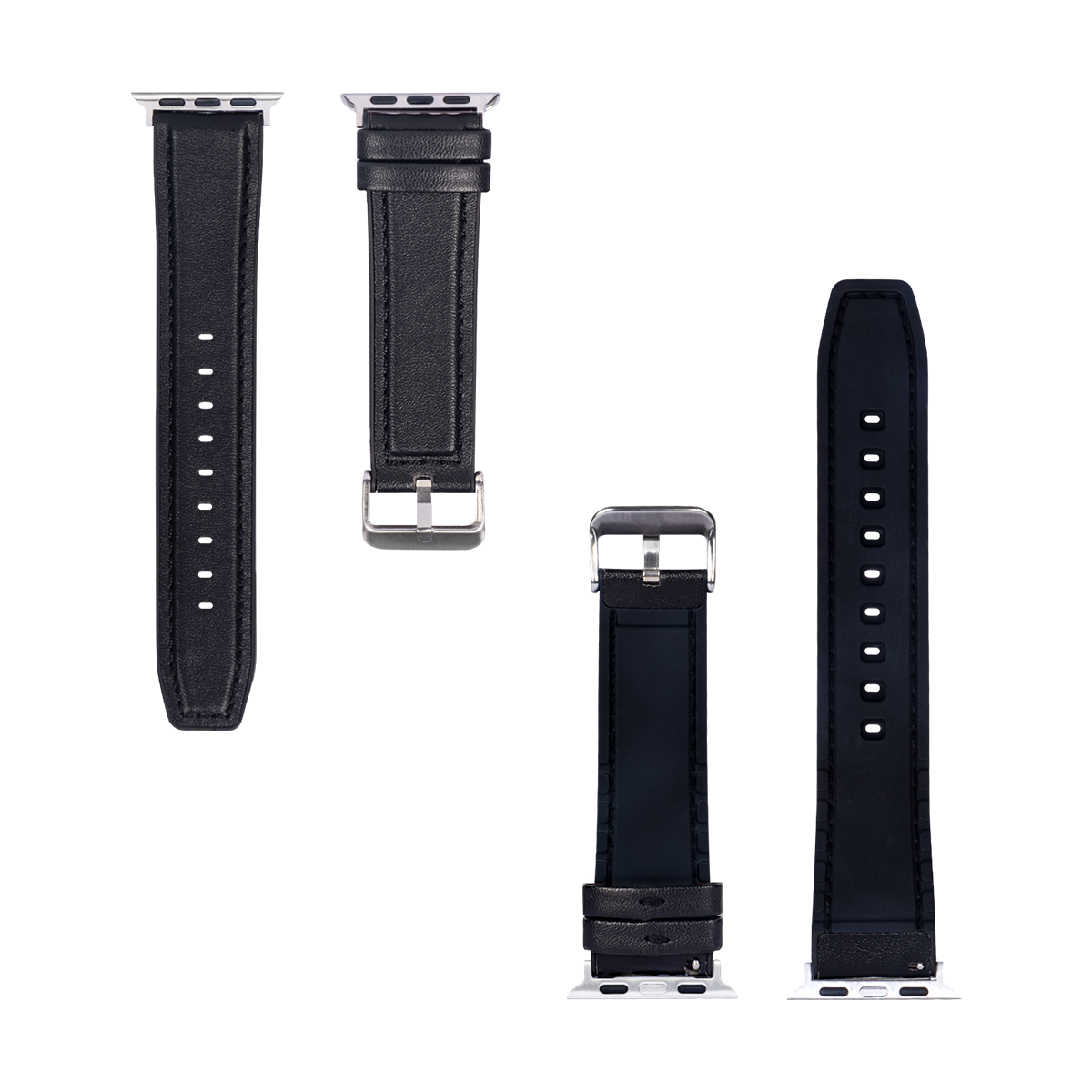 Bracelet en silicone et cuir brillant For Apple 42 mm, 44 mm, 45 mm, 49 mm Noir Boîte de vente au détail