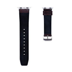 Bracelet en silicone et cuir For Apple 42 mm, 44 mm, 45 mm, 49 mm, marron foncé, boîte de vente au détail