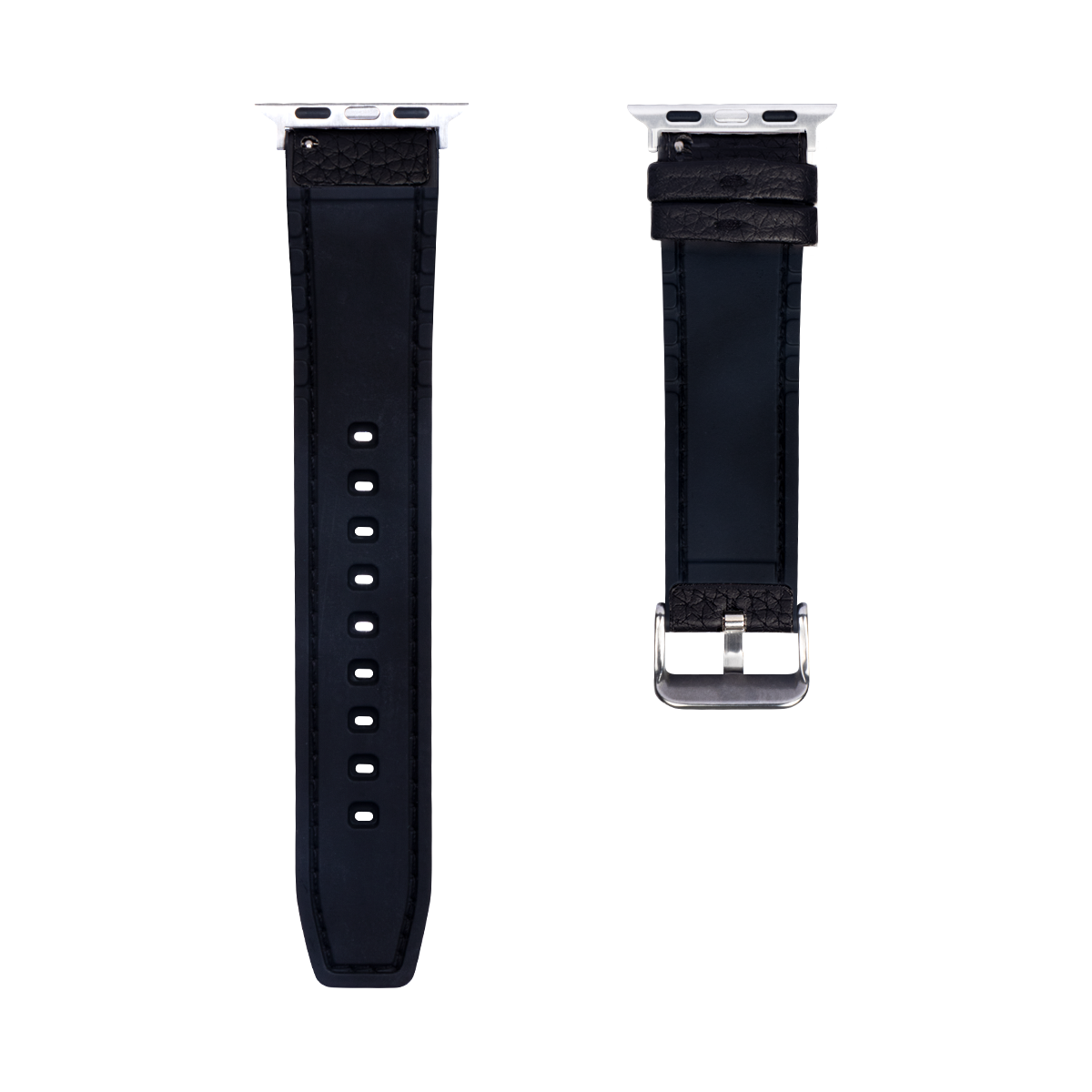 Bracelet en silicone et cuir For Apple 42 mm, 44 mm, 45 mm, 49 mm Noir Boîte de vente au détail