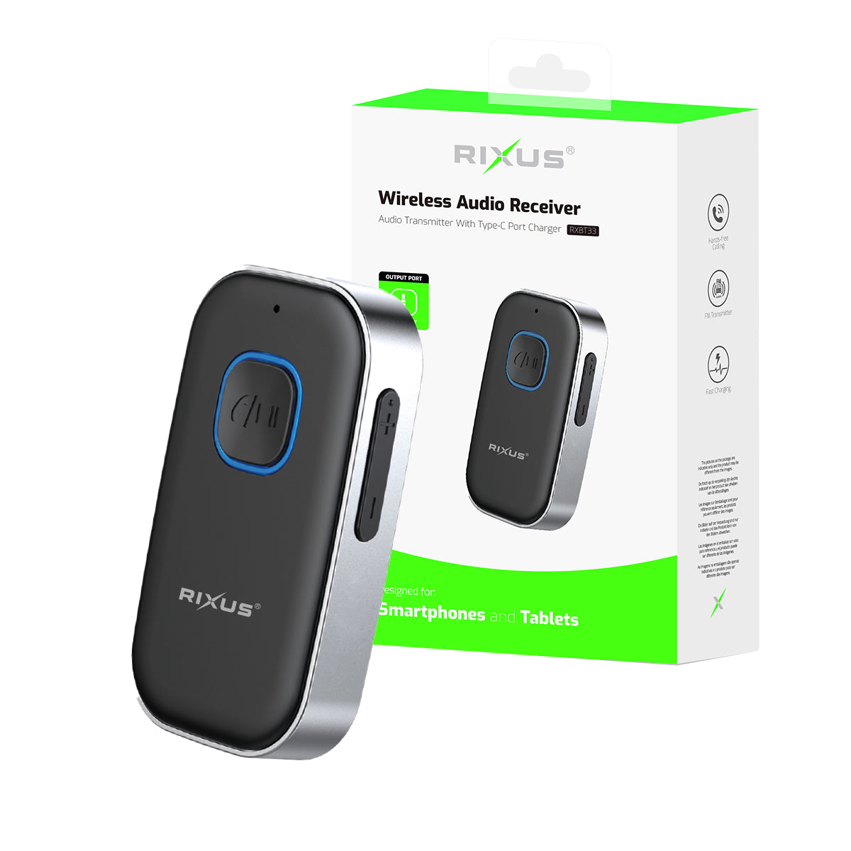 Rixus RXBT33 Récepteur Bluetooth 5.0 et AUX Noir Argent