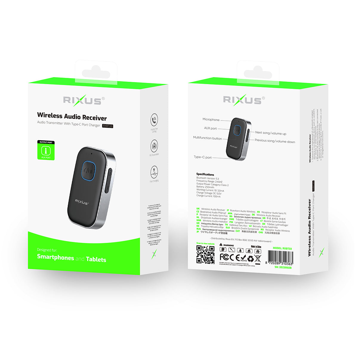 Rixus RXBT33 Récepteur Bluetooth 5.0 et AUX Noir Argent
