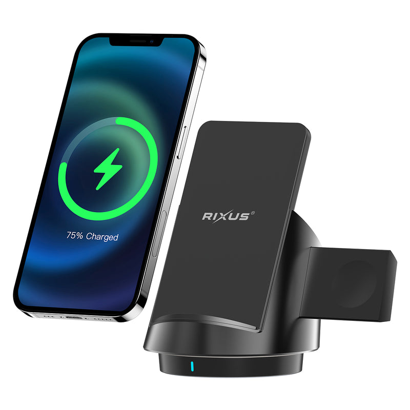 Rixus RXWC57 3 in 1 Wireless Fast Charger Stand Black (Chargeur rapide sans fil 3 en 1)