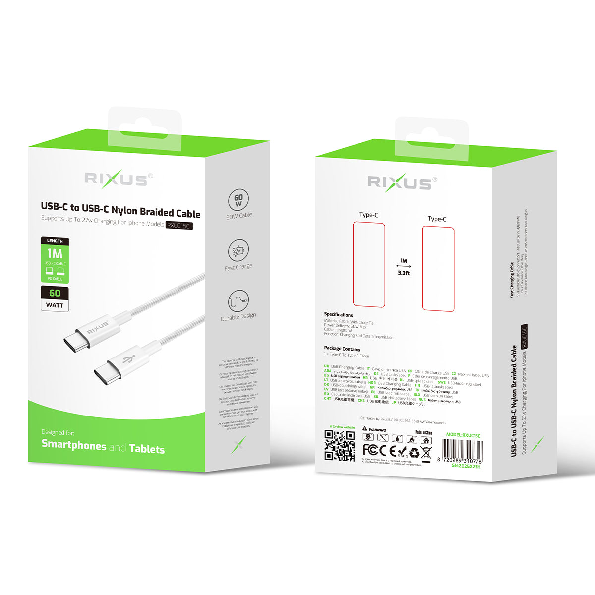Rixus RXUC15C Câble tressé en nylon USB-C vers USB-C 1m Blanc