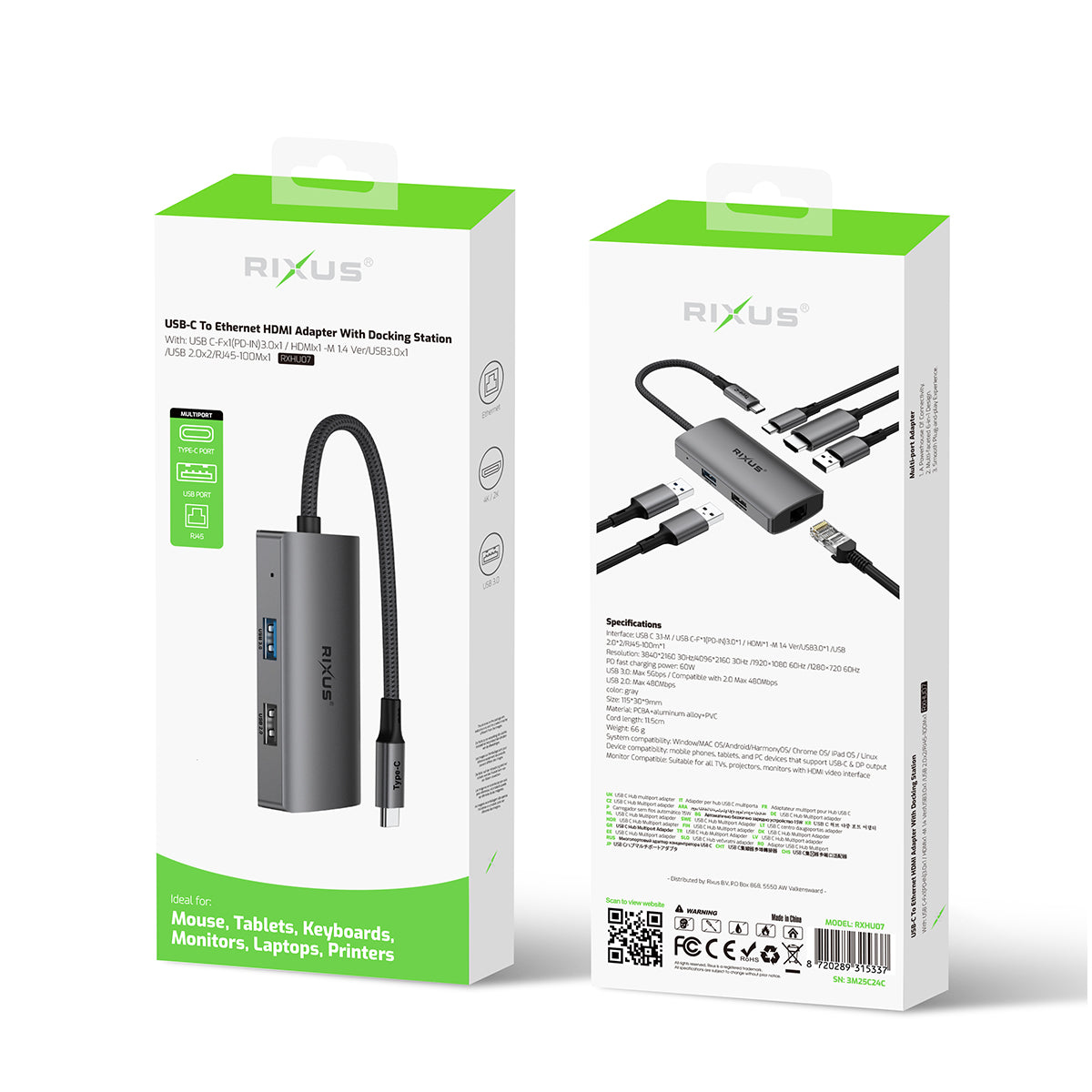 Rixus RXHU07 Adaptateur HDMI USB-C vers Ethernet avec station d'accueil Gris