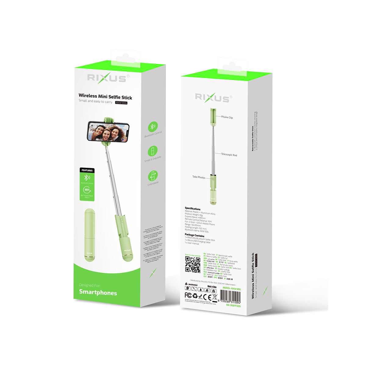 Rixus RXSF30G Mini Selfie Stick Intégré Bluetooth Vert