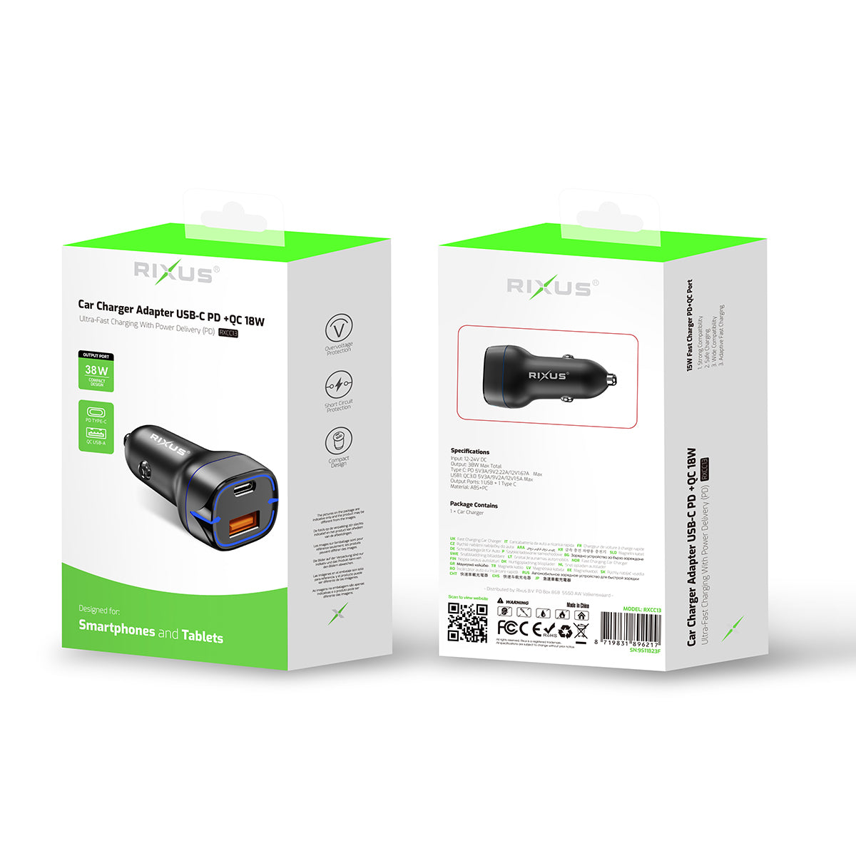 Rixus RXCC13 Chargeur de voiture USB-C PD+QC3.0 38W Noir