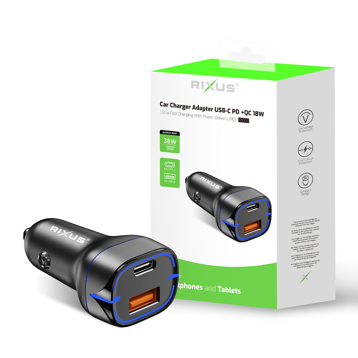 Rixus RXCC13 Chargeur de voiture USB-C PD+QC3.0 38W Noir