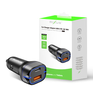 Rixus RXCC13 Chargeur de voiture USB-C PD+QC3.0 38W Noir