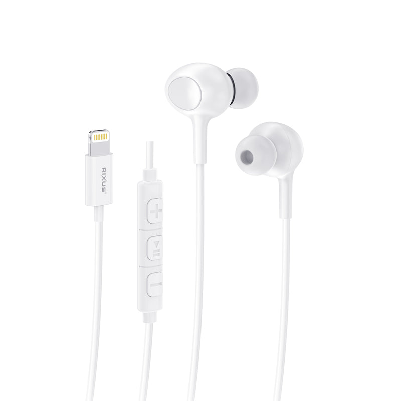 Rixus RXHD56LW Lightning Connector Wired Earbud Type Headphone With Microphone White