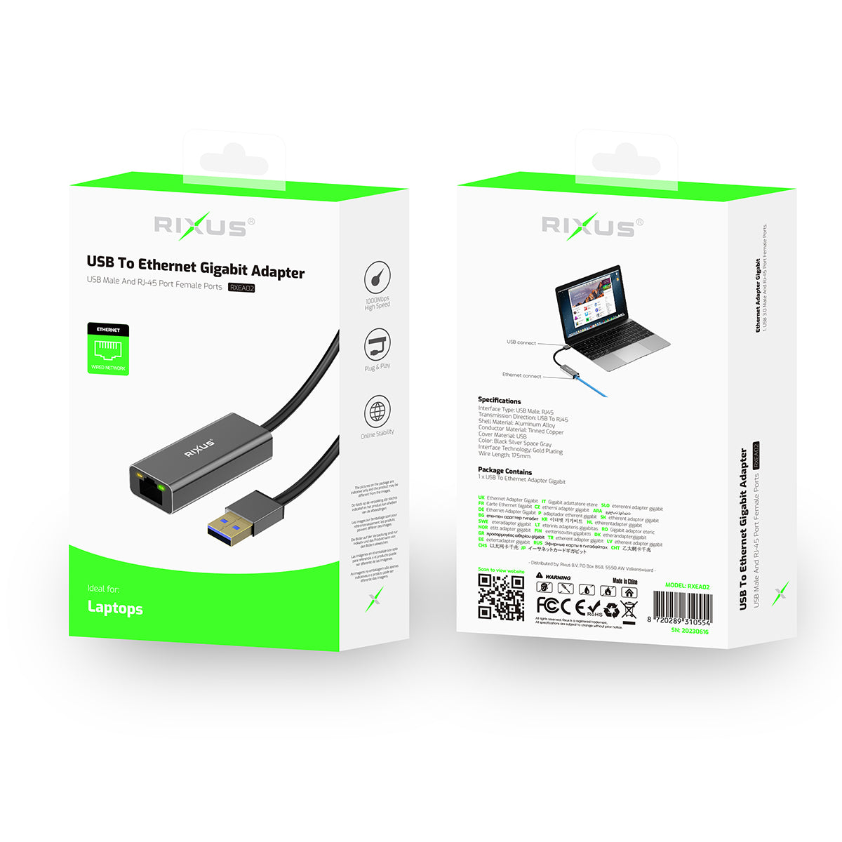 Rixus RXEA02 USB 3.0 Gigabit Netwerkkaartusb Naar RJ45 Connector Grijs