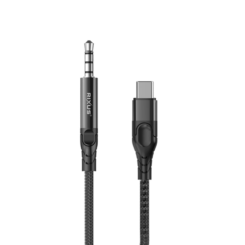 Rixus RXMU35C 3,5 mm AUX naar USB-C gevlochten audiokabel 1,2 m zwart