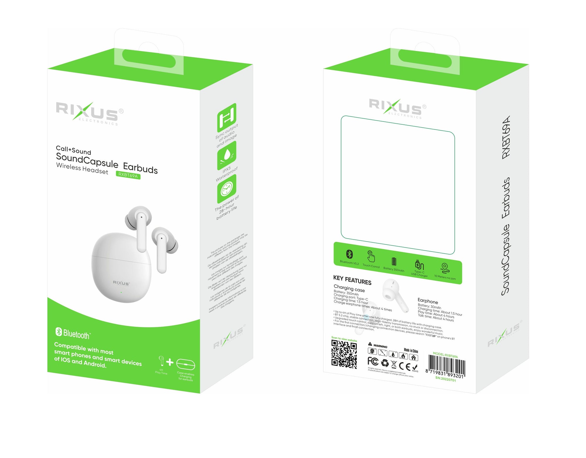 Rixus RXBT69A TWS Oordopjes Met Oplaadetui Wit