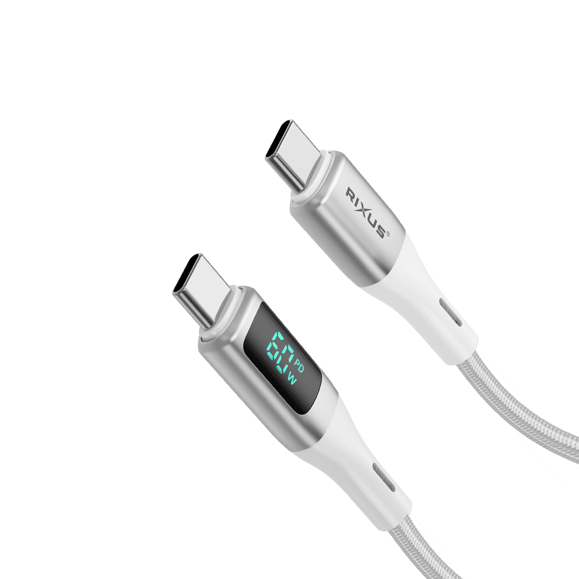 Rixus RXUC29C Gevlochten USB-C Naar USB-C Kabel Met LED Weergave Wit