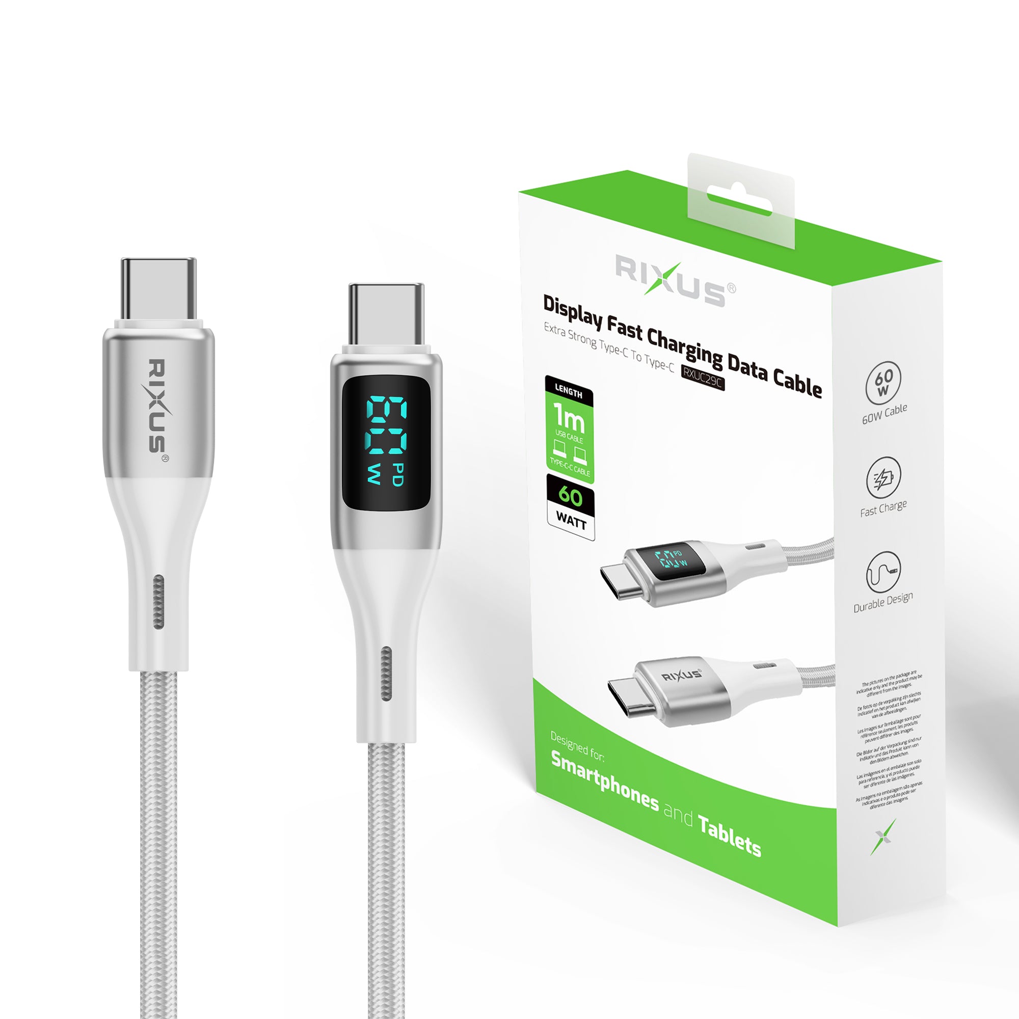 Rixus RXUC29C Gevlochten USB-C Naar USB-C Kabel Met LED Weergave Wit