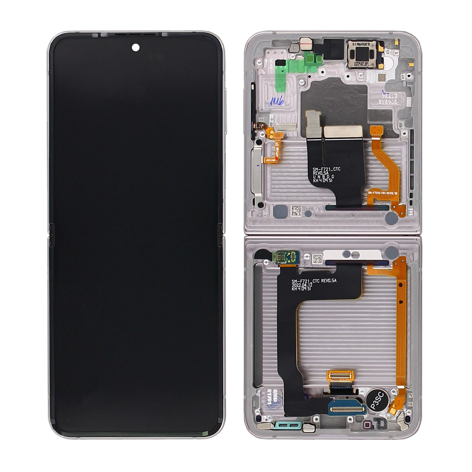 Samsung Galaxy Z Flip4 5G F721B Hoofdscherm en digitizer met frame wit servicepakket