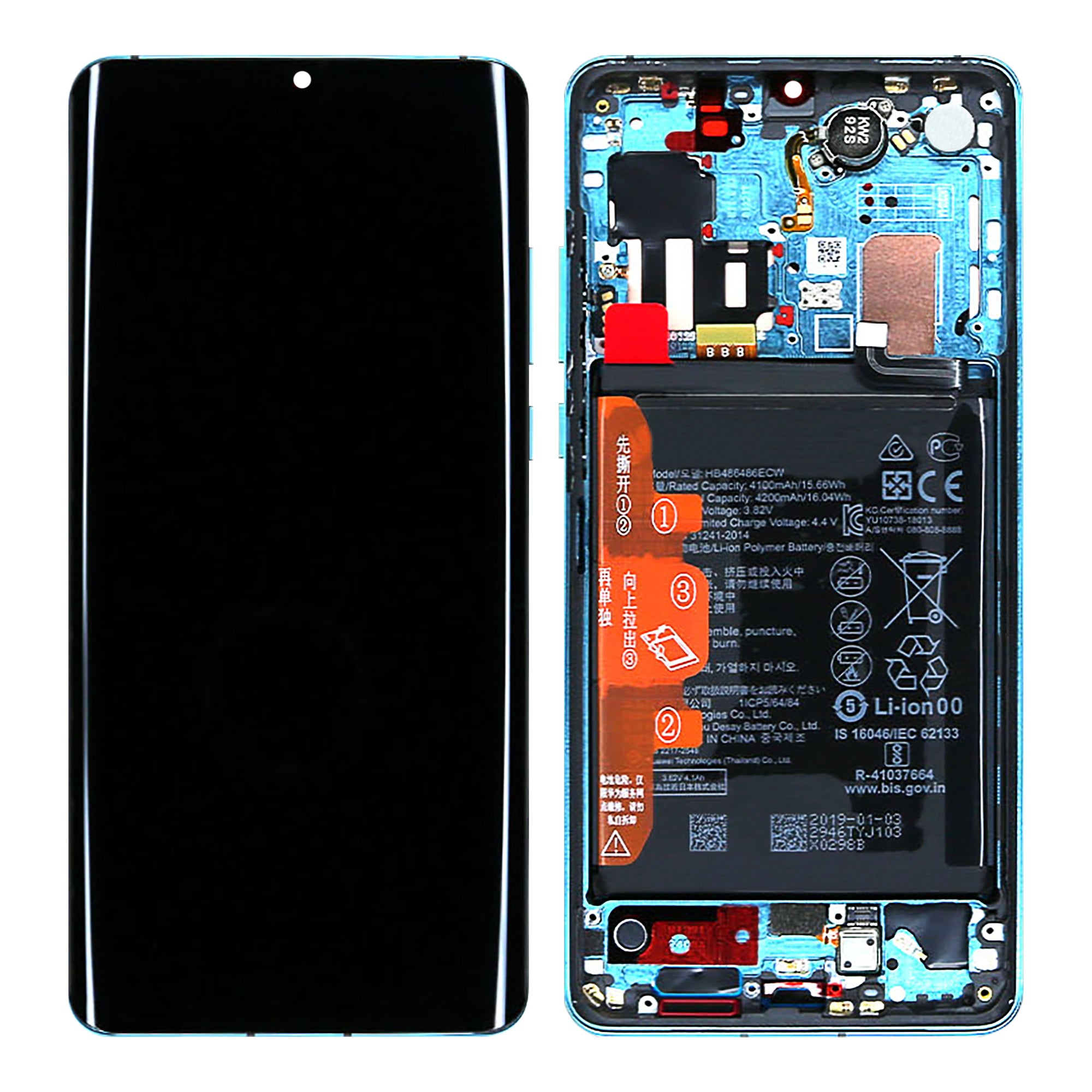 Huawei P30 Pro (2019), P30 Pro New Edition (2020) Display en digitizer met frame en batterij Aurora Blue Service Pack