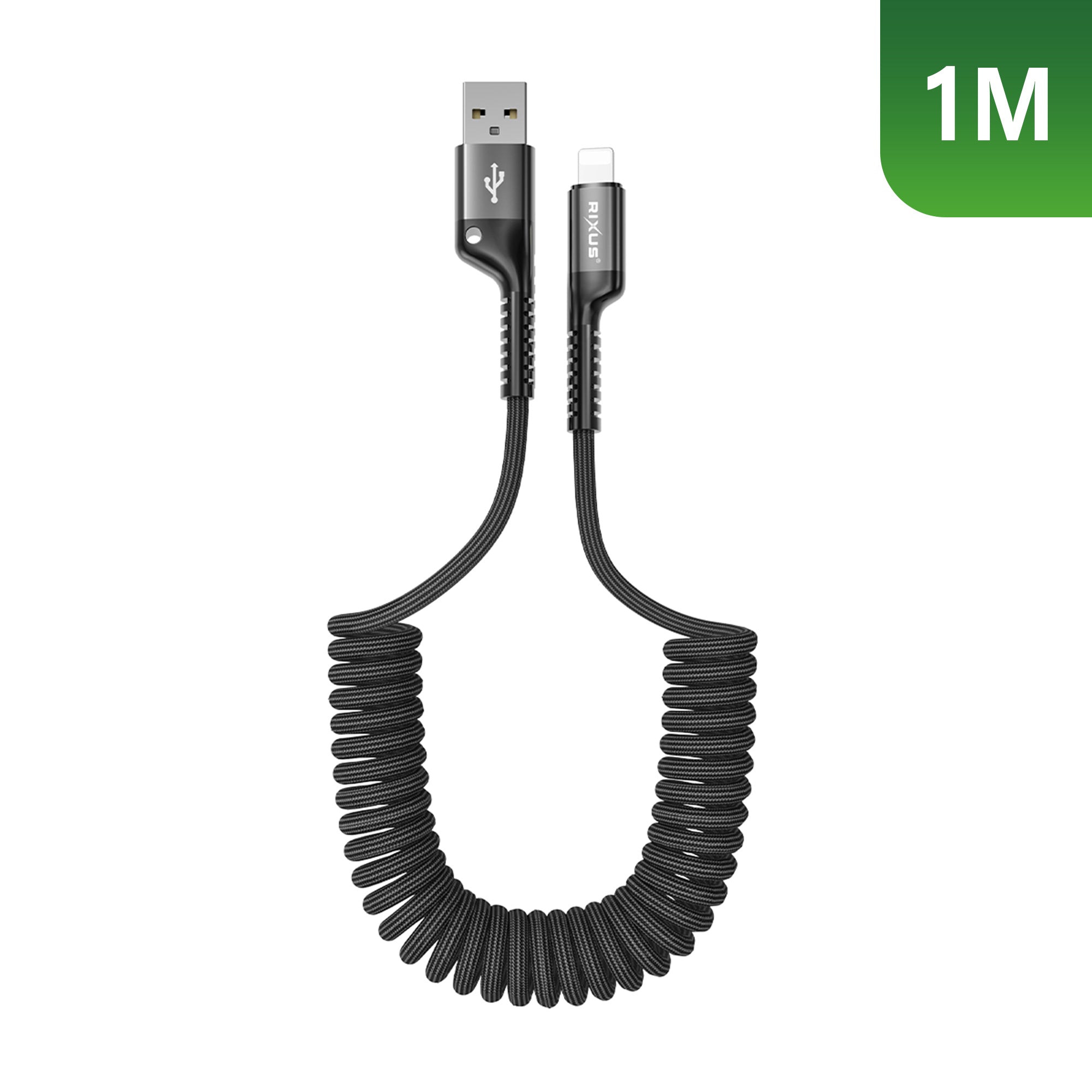 Rixus RXUC17AL Retractable Spring Cable USB-A To Lightning Connector Black