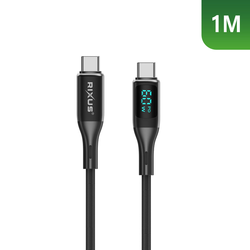 Rixus RXUC28C Gevlochten USB-C Kabel Met LED Weergave 1m Zwart