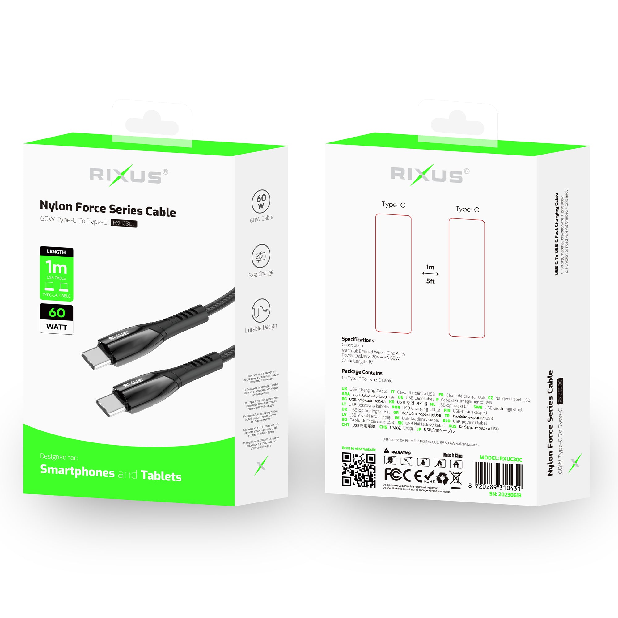 Rixus RXUC30C Alloy USB-C Datakabel Metaal Grijs