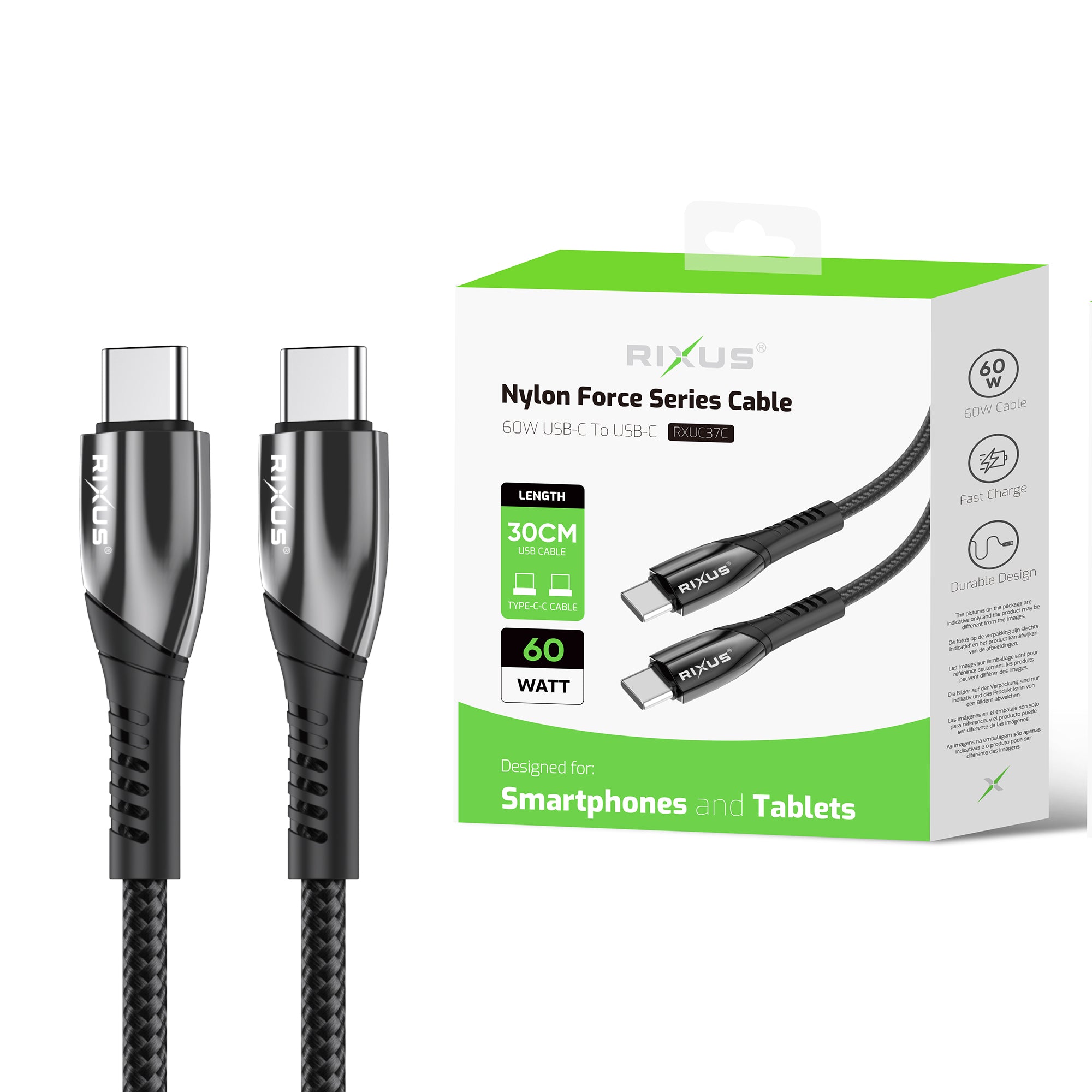 Rixus RXUC37C Snellaadkabel USB-C Naar USB-C Gevlochten Nylon 30cm Zwart