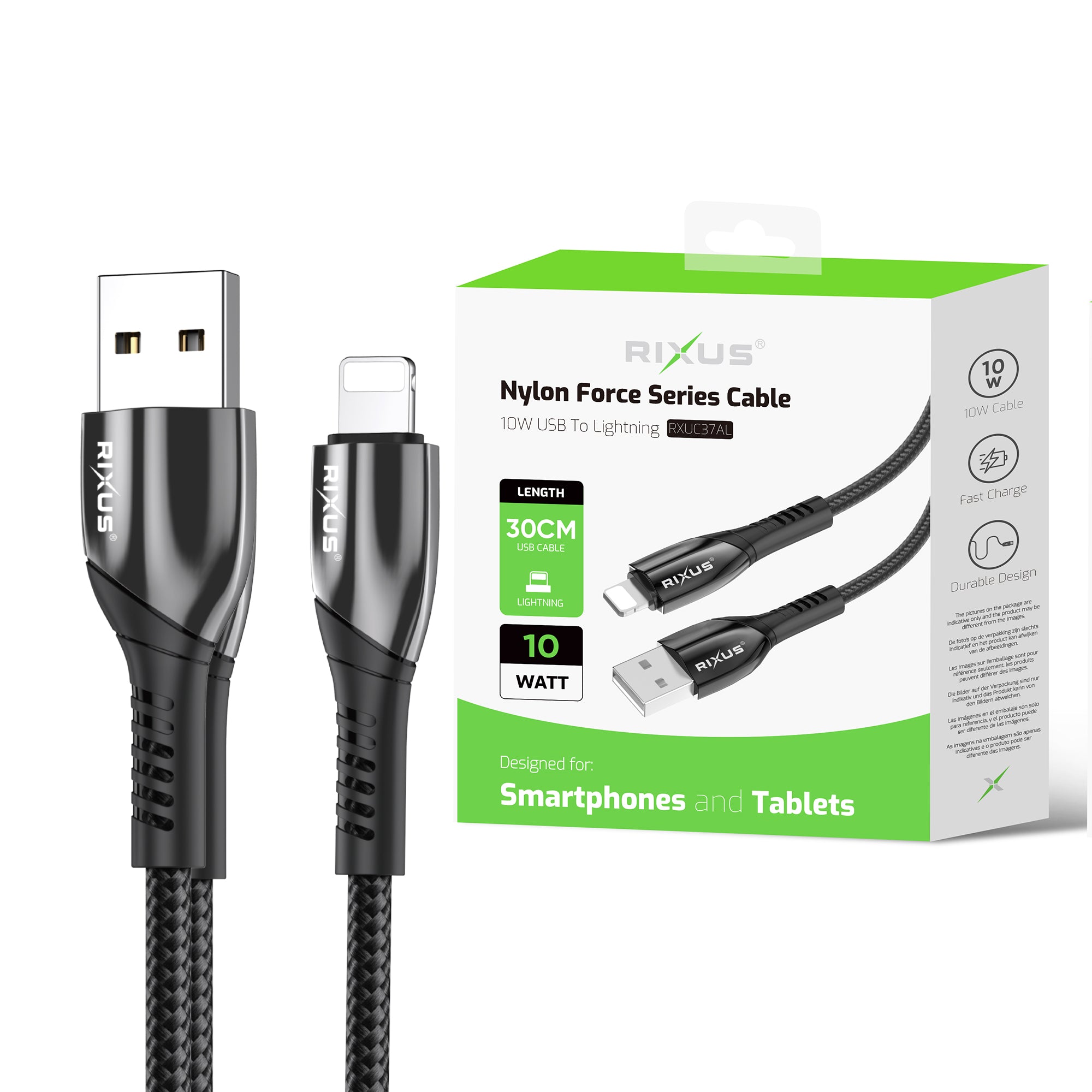 Rixus RXUC37AL Charging Cable USB-A To Lightning Connector Nylon 30cm Black