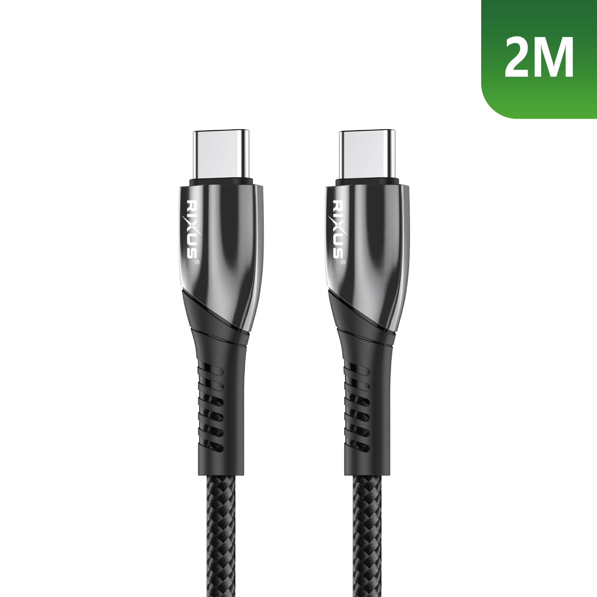 Rixus RXUC38C Snellaadkabel USB-C Naar USB-C Gevlochten Nylon 2m Zwart