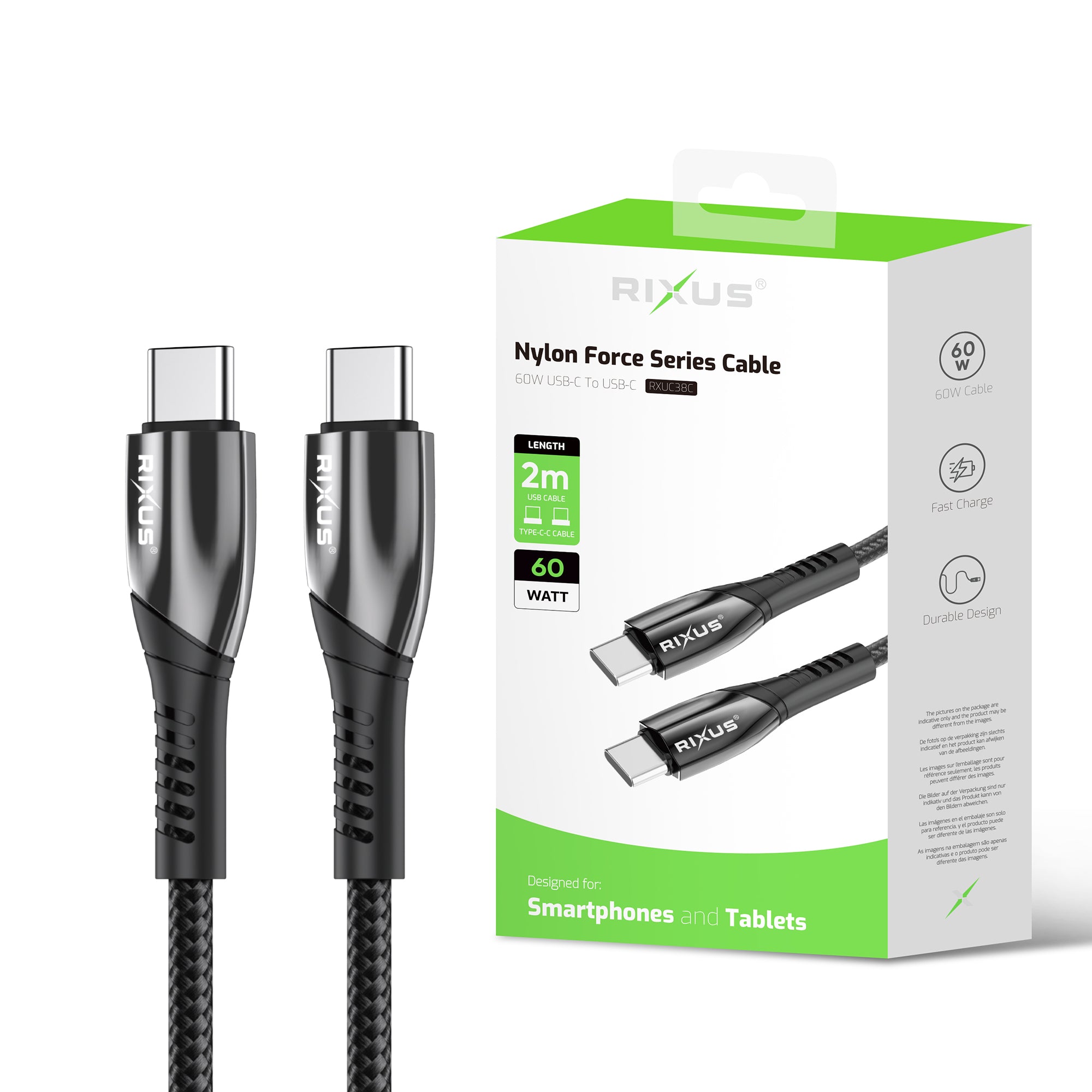 Rixus RXUC38C Snellaadkabel USB-C Naar USB-C Gevlochten Nylon 2m Zwart