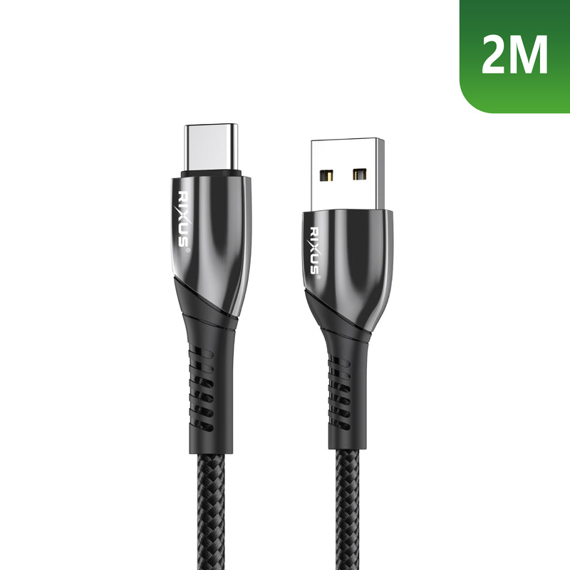 Rixus RXUC38AC Oplaadkabel USB-A Naar USB-C Gevlochten Nylon 2m Zwart