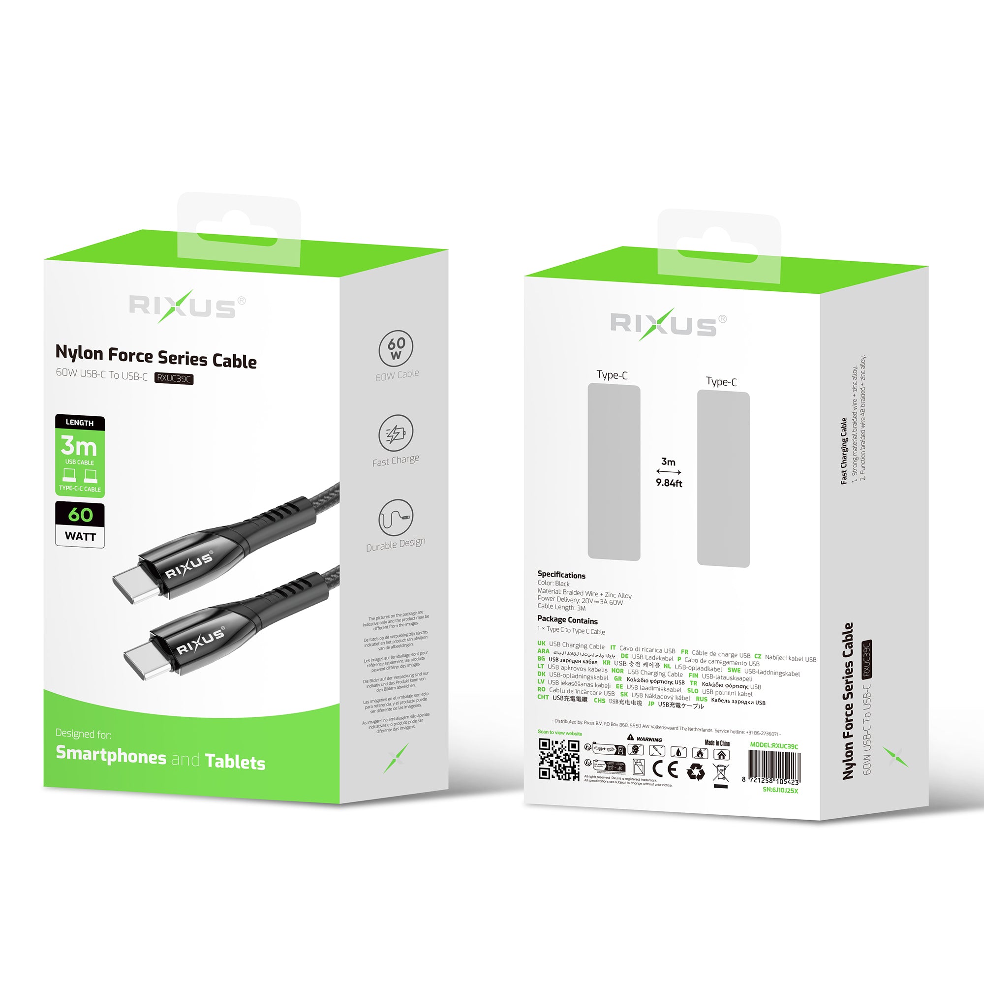 Rixus RXUC39C Snellaadkabel USB-C naar USB-C gevlochten nylon 3m zwart