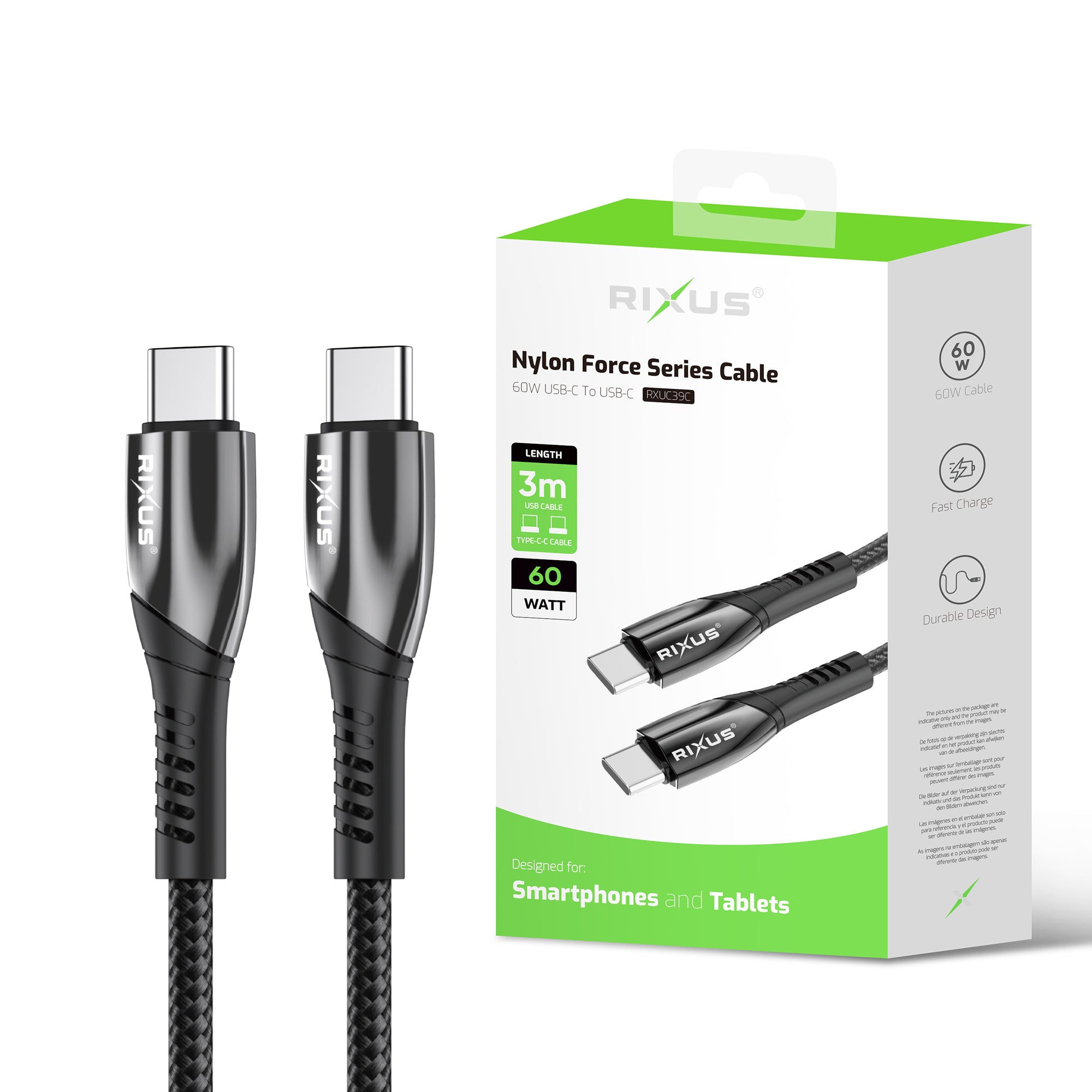 Rixus RXUC39C Snellaadkabel USB-C naar USB-C gevlochten nylon 3m zwart