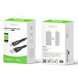 Rixus RXUC39AC Oplaadkabel USB-A Naar USB-C Gevlochten Nylon 3m Zwart