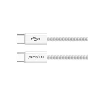 Rixus RXUC08C Snellaadkabel USB-C Naar USB-C Kabel Gevlochten Nylon 1,8m Wit