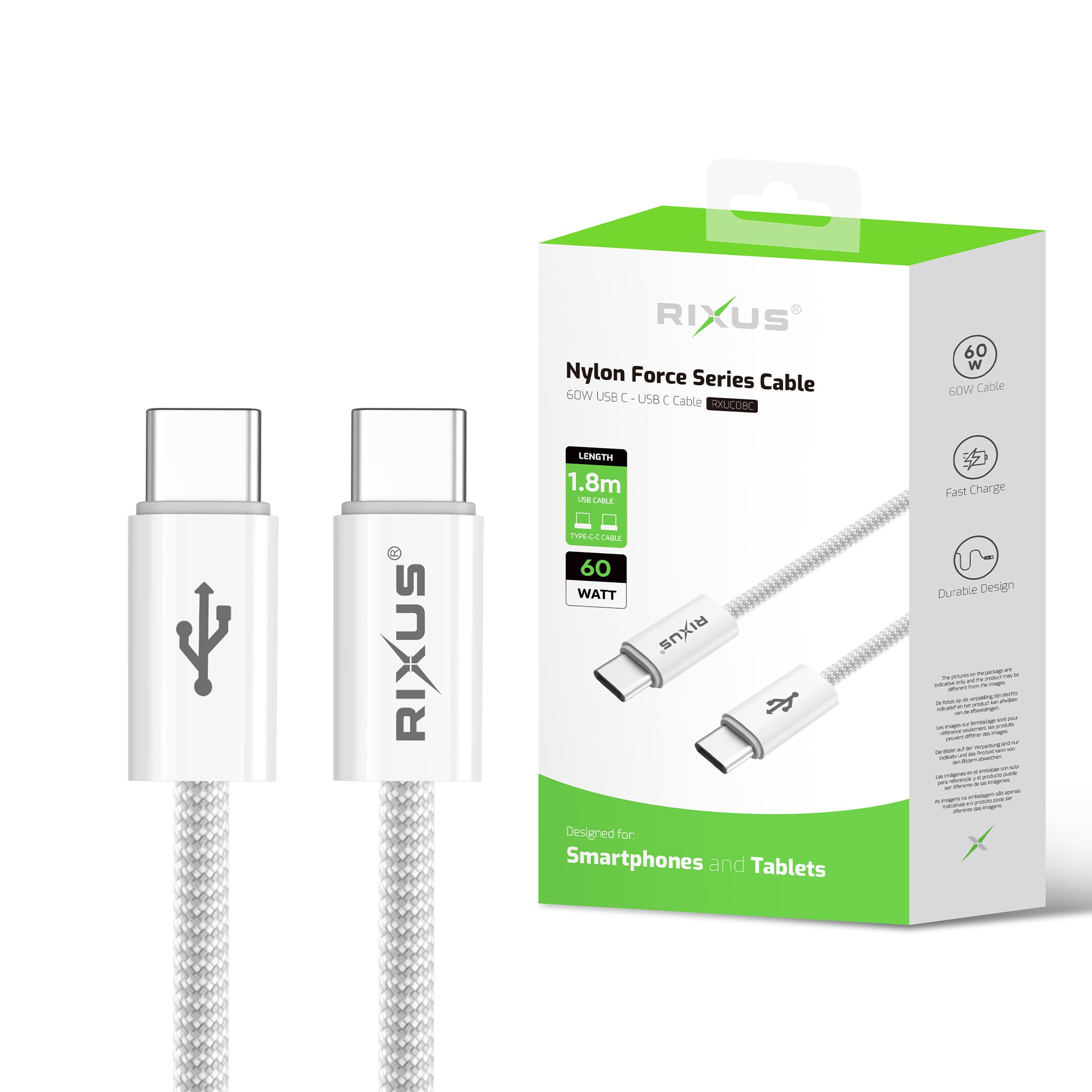 Rixus RXUC08C Snellaadkabel USB-C Naar USB-C Kabel Gevlochten Nylon 1,8m Wit