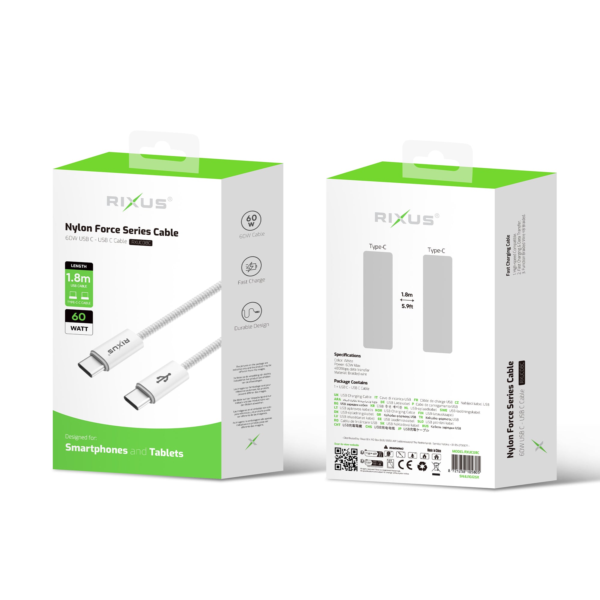 Rixus RXUC08C Snellaadkabel USB-C Naar USB-C Kabel Gevlochten Nylon 1,8m Wit