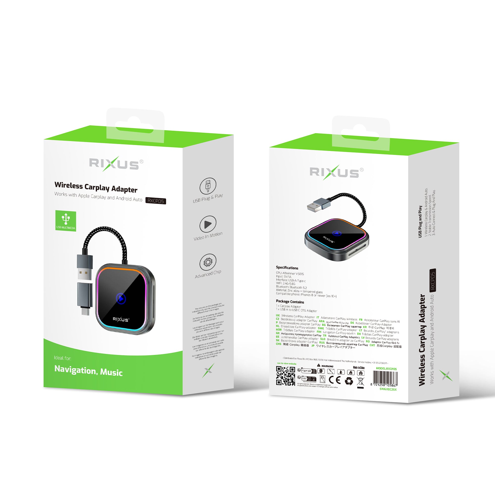 Rixus RXCP05 draadloze Carplay-adapter metallic grijs