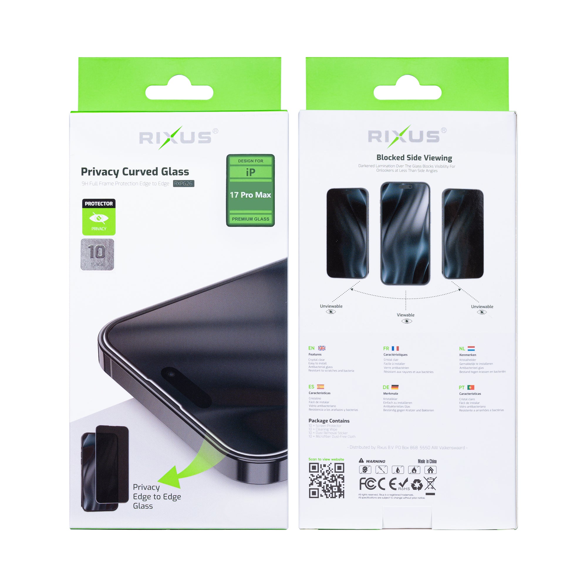 Rixus Privacy Volledig Gebogen Rand Tempered Glass For Apple iPhone 17 Pro Max (10-Pack)