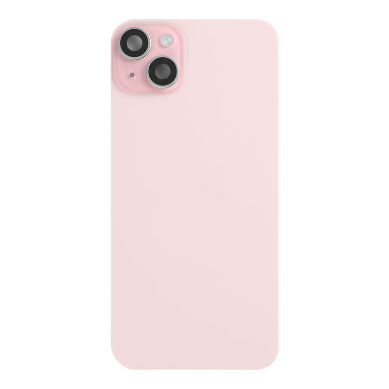 For Apple 15 Plus achterglas met NFC, vergroot cameraframe roze getrokken