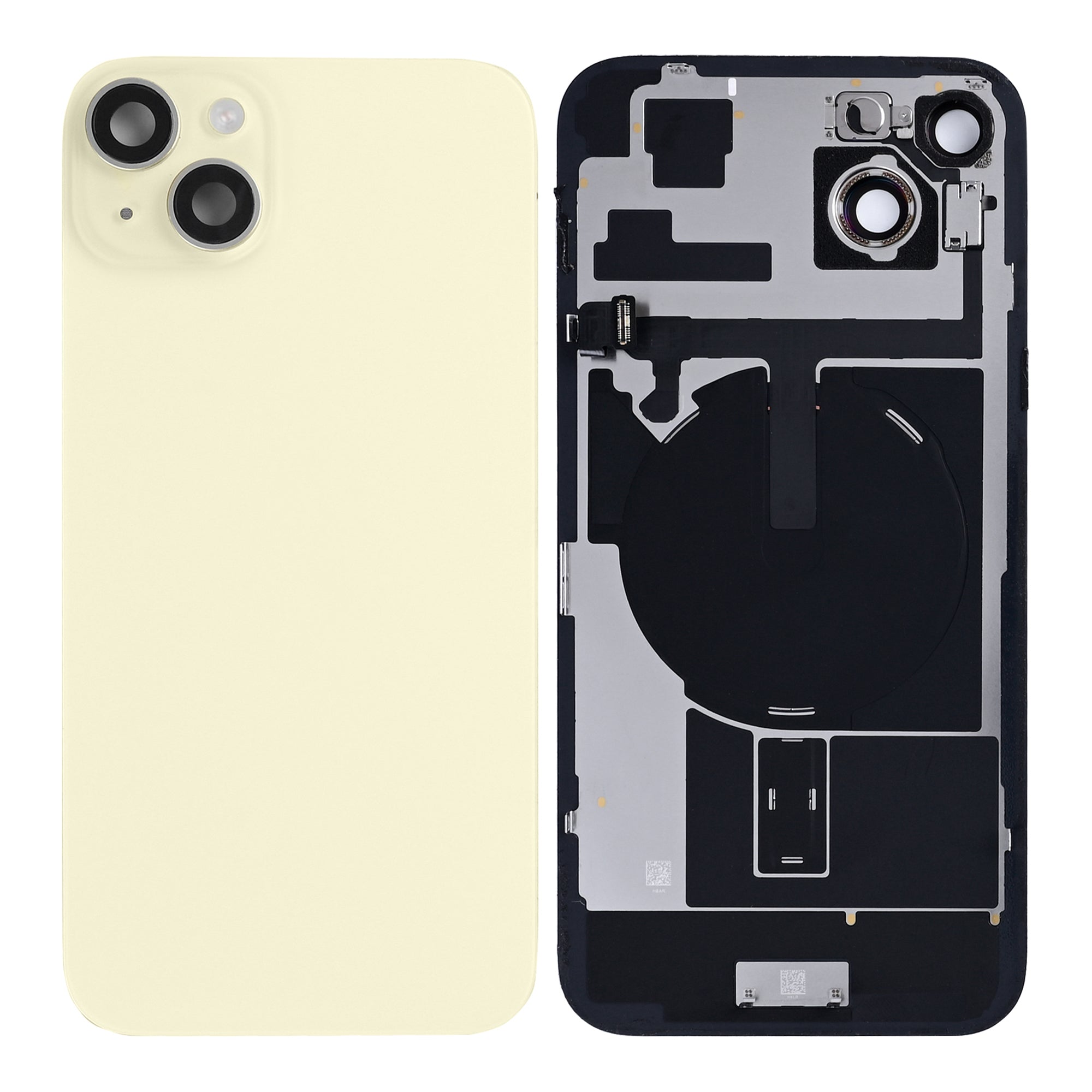 For Apple 15 Plus achterglas met NFC, vergroot cameraframe geel getrokken