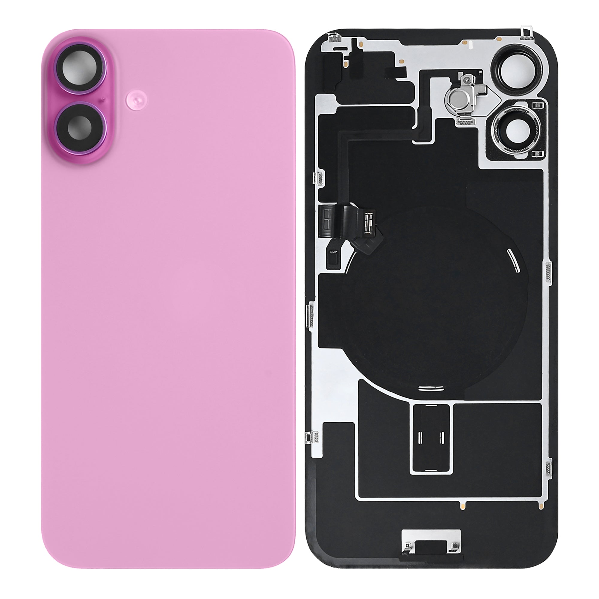 For Apple 16 Plus achterglas met NFC, vergroot cameraframe roze getrokken