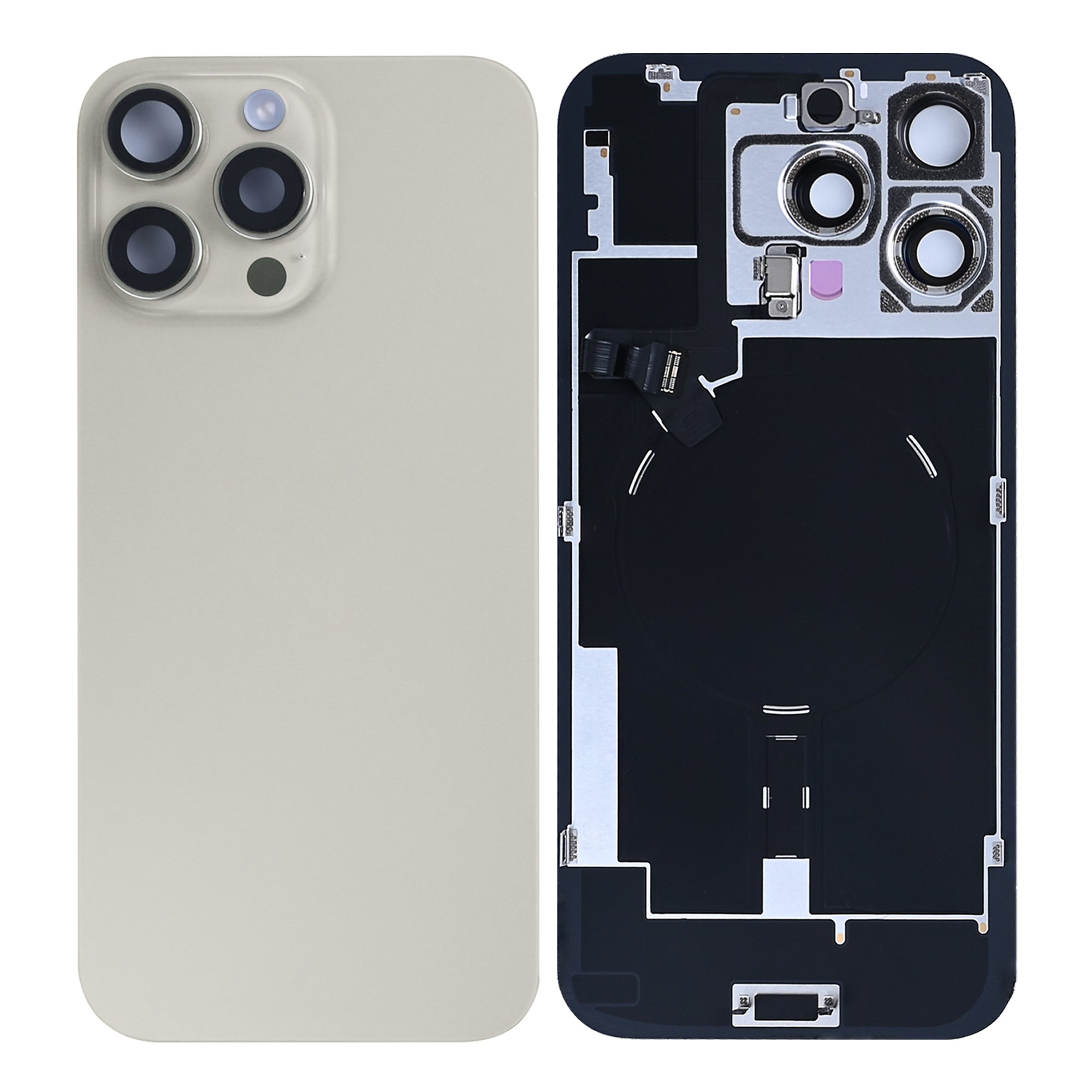 For Apple 16 Pro Max achterglas met NFC, vergroot cameraframe, natuurlijk titanium getrokken
