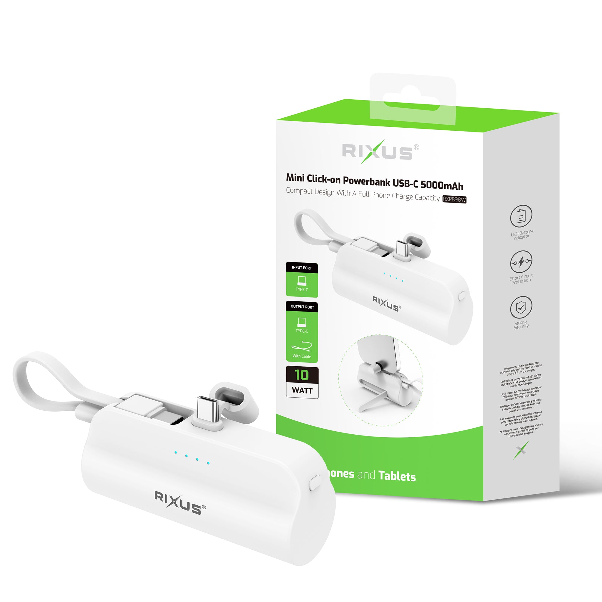 Rixus RXPB98W Mini Click-On Powerbank USB-C 5000 mAh Wit