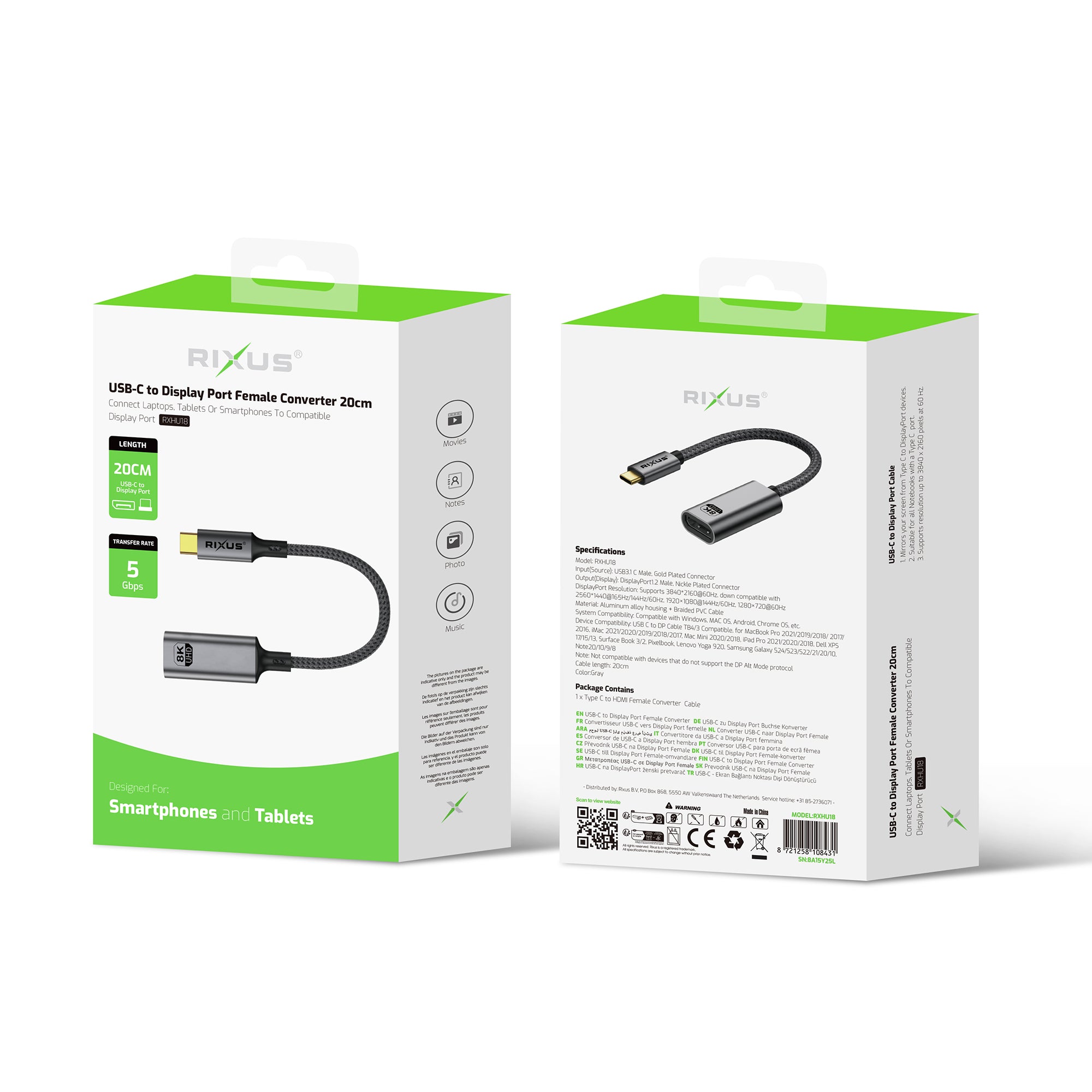 Rixus RXHU18 USB-C Naar Weergavepoort Vrouwelijke Converter 20cm Ruimte Grijs