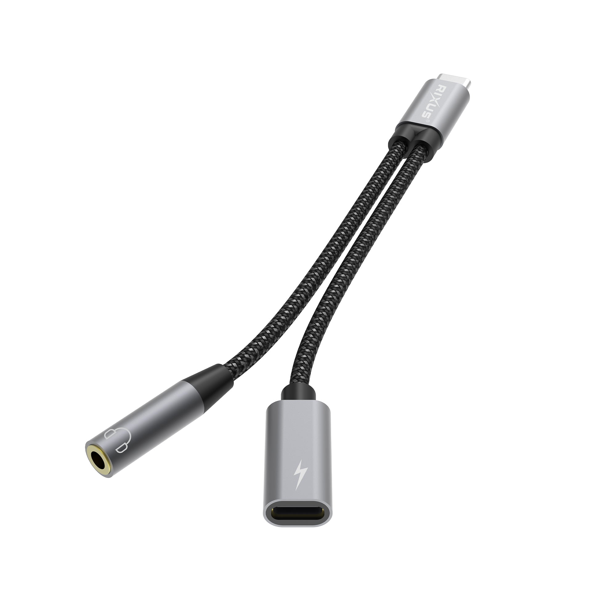 Rixus RXMU72 USB-C naar USB-C en 3,5 mm aux-splitter 15 cm Space Grey