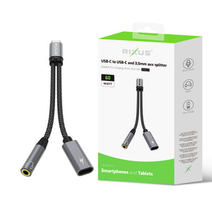 Rixus RXMU72 USB-C naar USB-C en 3,5 mm aux-splitter 15 cm Space Grey
