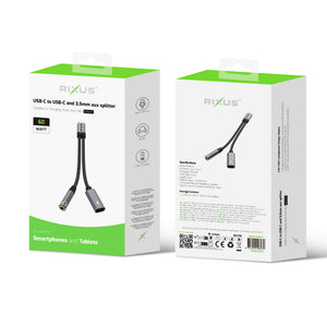 Rixus RXMU72 USB-C naar USB-C en 3,5 mm aux-splitter 15 cm Space Grey