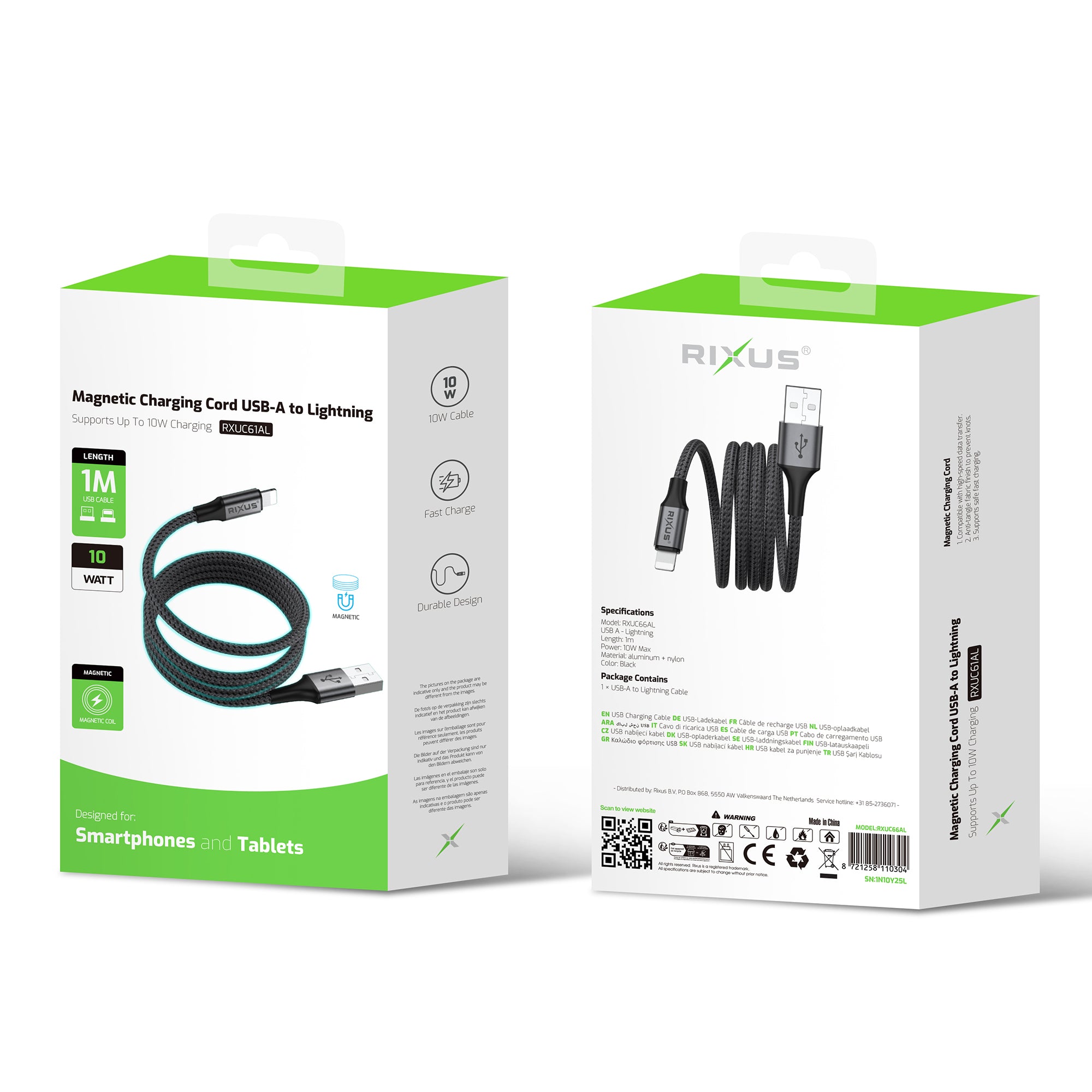Rixus RXUC66AL Magnetic Charging Cord USB-A To Lightning Connector 1m 10W Black