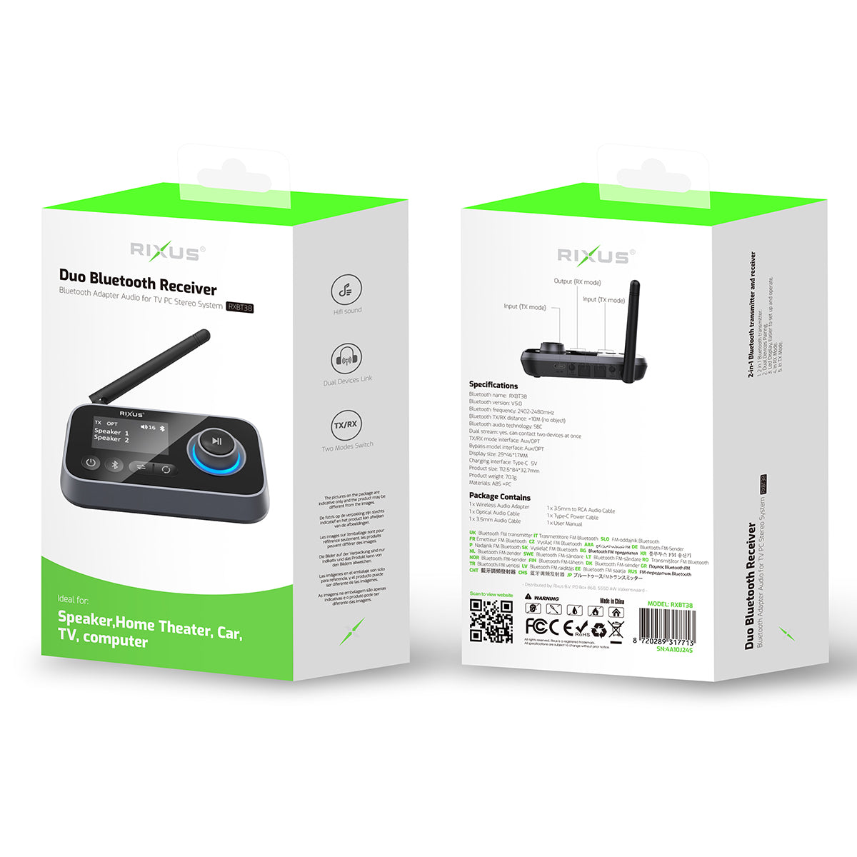 Rixus RXBT38 Duo Bluetooth ontvanger Zwart