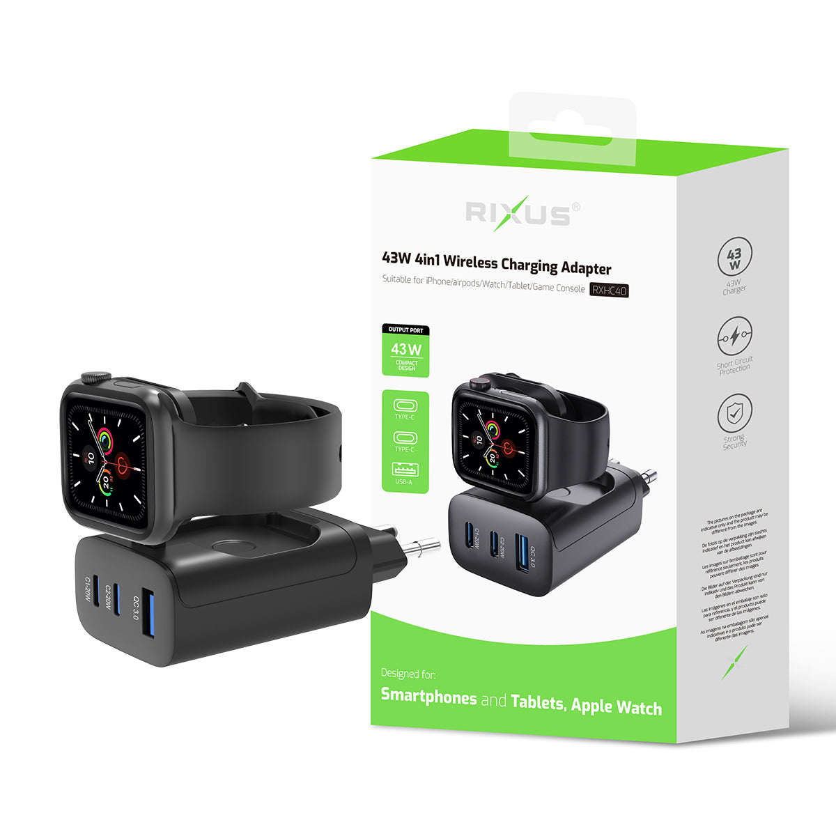 Rixus RXHC40 43W Oplaadblok For Apple iWatch, iPhone, Airpods Zwart