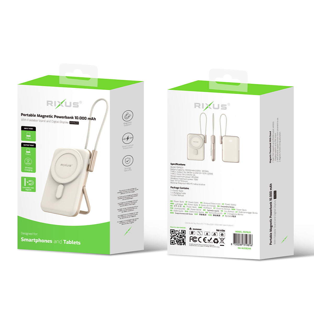 Rixus RXPB29 Magnetische Powerbank 10000mAh met USB-C-kabel ingebouwd Roségoud